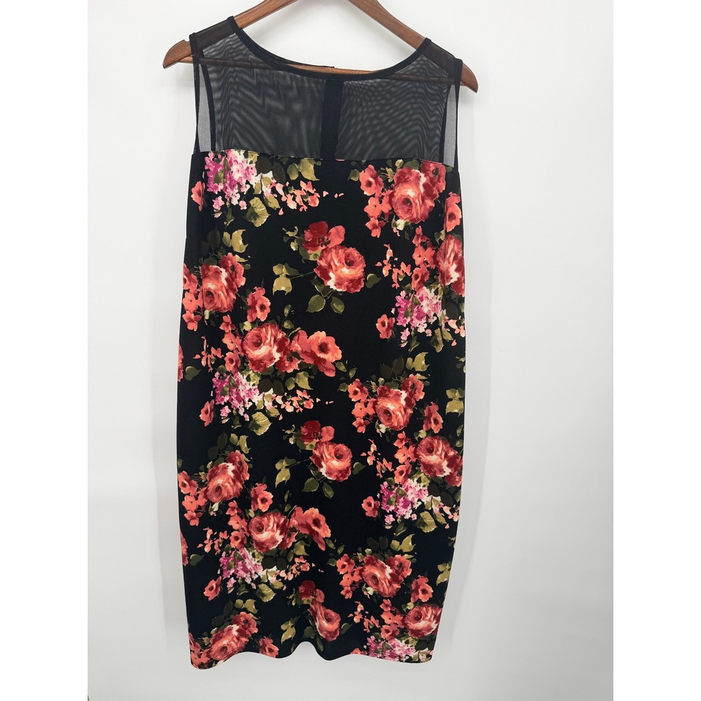 Piphany Sheath Dress Women 2X Black Red Floral Excellent Mesh Yoke Sleeveless